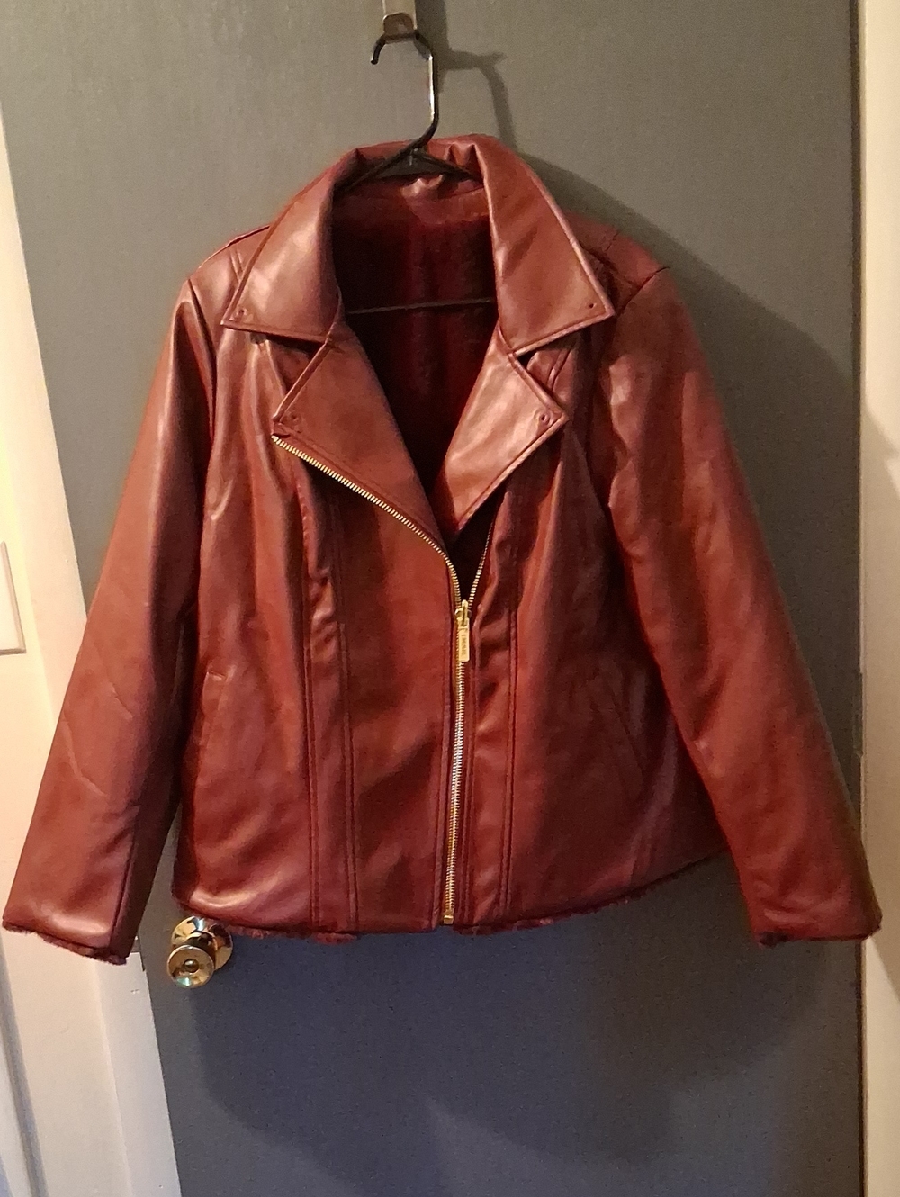 IMAN Burgundy Faux Leather Moto Jacket with Gold Hardware